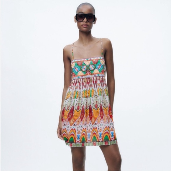 Zara strappy embroidered multi Colorful Bohemian Summer mini  Dress NEW - Picture 5 of 11